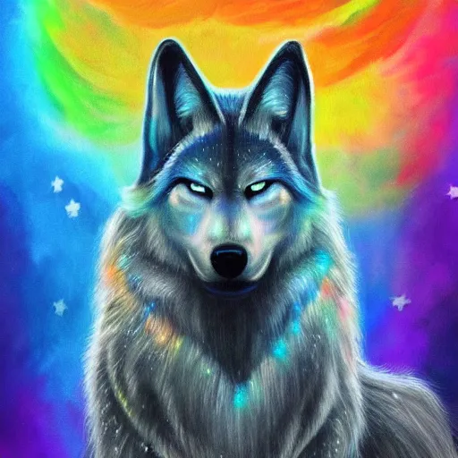 Prompt: glowing rainbow star wolf, concept art, trending on artstation, painting