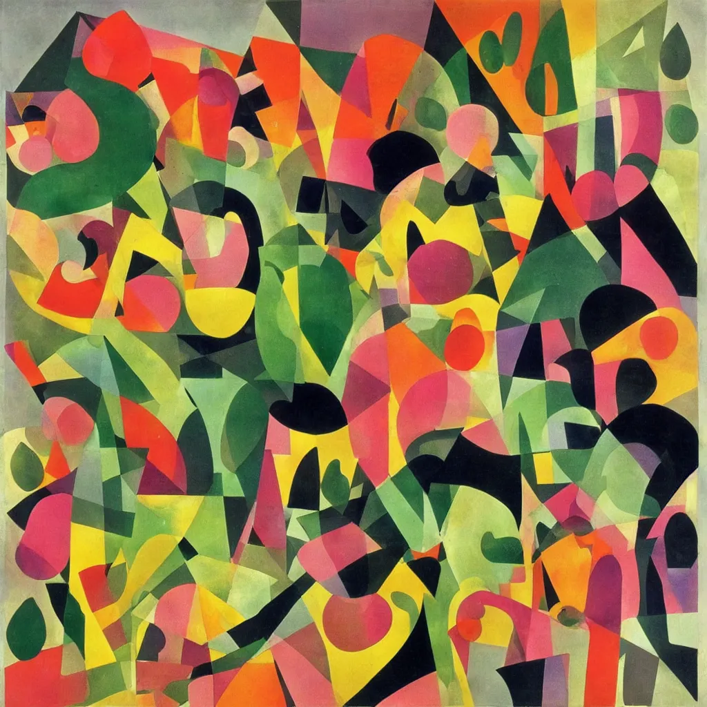 Prompt: apples and mangos in the style of eileen agar, surreal, noise, stroke cutout album cover art