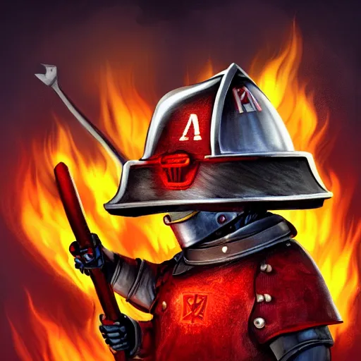 Image similar to A knight wearing a firefighter helmet and wielding a fire axe, highly detailed, digital art, sharp focus, trending on art station, flames, anime art style