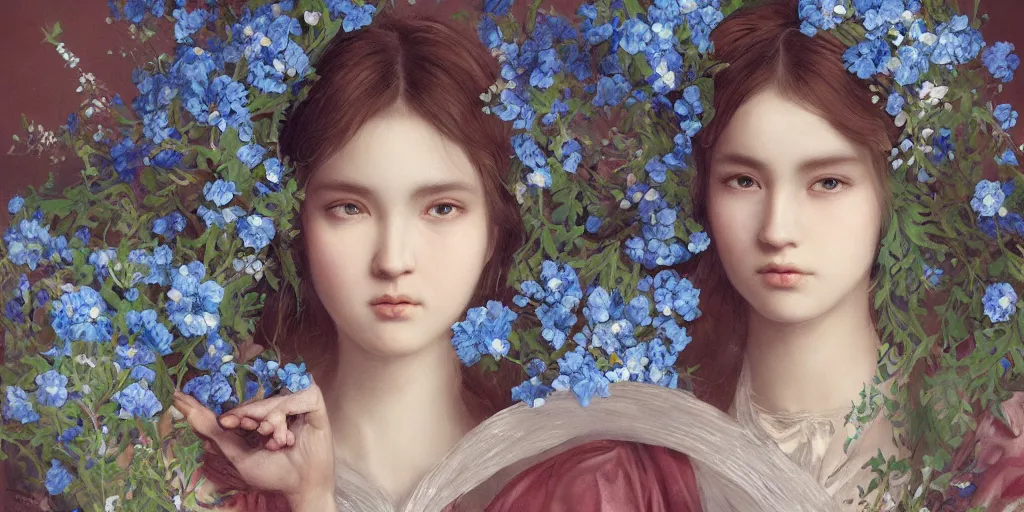 Image similar to breathtaking detailed concept art painting portrait of the goddess of nemophila flowers, orthodox saint, with anxious piercing eyes, ornate background, amalgamation of leaves and flowers, by hsiao - ron cheng, extremely moody lighting, 8 k