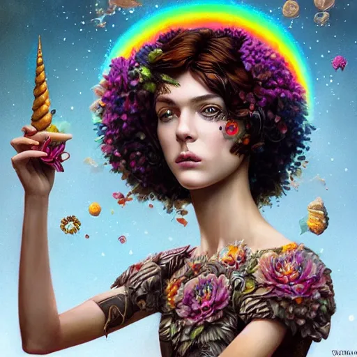 Prompt: Lofi biopunk portrait beautiful woman with short brown curly hair, roman face, unicorn, rainbow, floral, Pixar style, Tristan Eaton, Stanley Artgerm, Tom Bagshaw