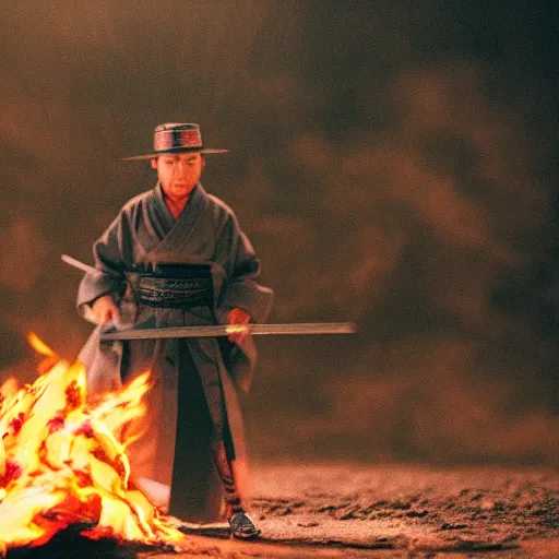 Image similar to cinematic film still Pharrell Williams starring as a Samurai holding fire, Japanese CGI, VFX, 2003, 40mm lens, shallow depth of field,film photography