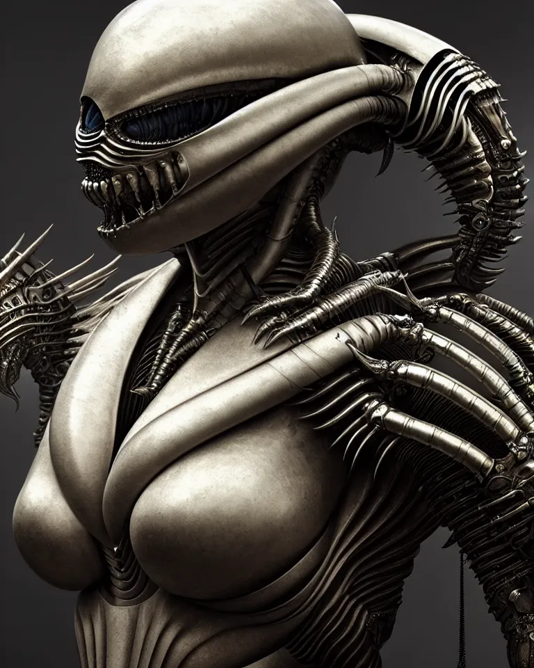 Image similar to epic portrait of alien queen in ring armour by giger and elvgren epic octane vfx maya render