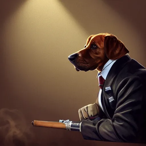 Image similar to a dog wearing a business suit smoking a cigar, dramatic lighting, cinematic, establishing shot, extremly high detail, photorealistic, cinematic lighting, concept art, artstation, style by greg rutkowsky