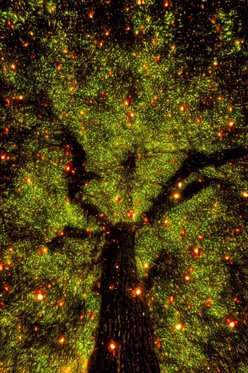 Image similar to magical tree filled with fireflies, nighttime, glowing, magical, cinematic