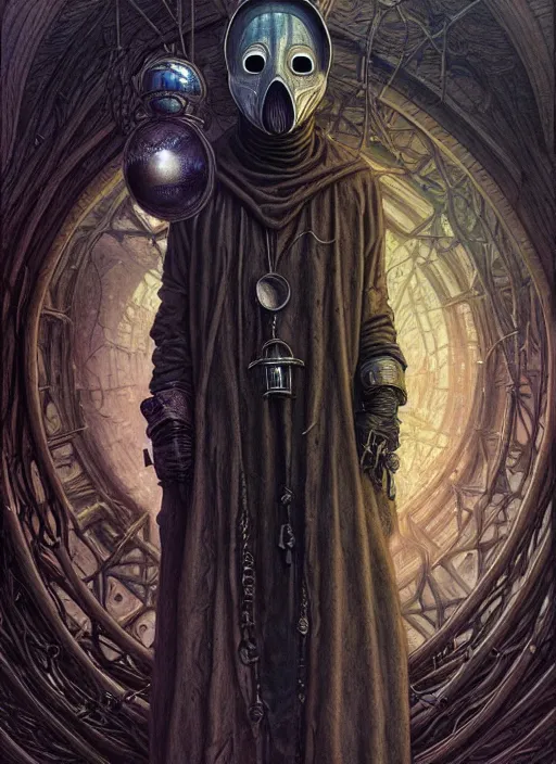 Prompt: portrait of plague doctor, hyper detailed masterpiece, dystopian background, jean giraud, digital art painting, darkwave goth aesthetic, lovecraftian, artgerm, donato giancola and tom bagshaw