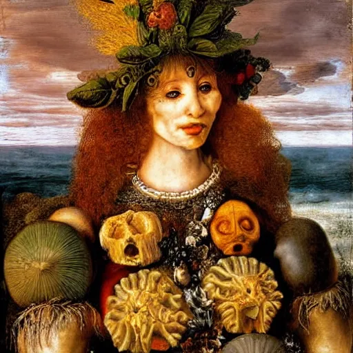 Image similar to sunset on the beach, by giuseppe arcimboldo,