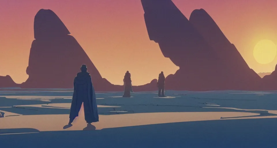 Image similar to beautiful wide shot tatooine landscape, obi wan kenobi, Luke skywalker, Star Wars a new hope 1977, studio ghibli, Miyazaki, Greg rutkowski, Jean girard, Moebius , animation, golden hour, highly detailed, 70mm