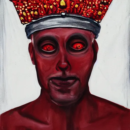 Prompt: man with a crown, smirk, photograph, black backgrounds, glowing red eyes, oil painting