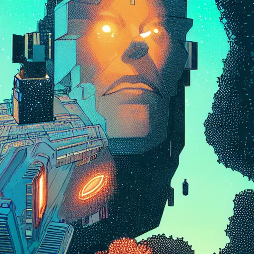 Prompt: stunningly intricate high angle close up of a cyberpunk explorer looking up at a floating triangular glowing monolith, highly detailed, midnight, by victo ngai and james gilleard, moebius, laurie greasley