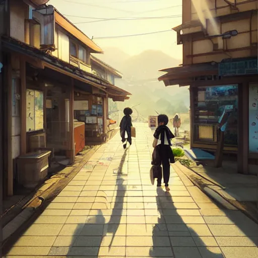 Image similar to walking around ozu city and shimonad station, ehime, japan. volumetric lighting, hot summer evening, golden hour, realistic illustration, perfectly shaded, soft painting, art by krenz cushart and wenjun lin