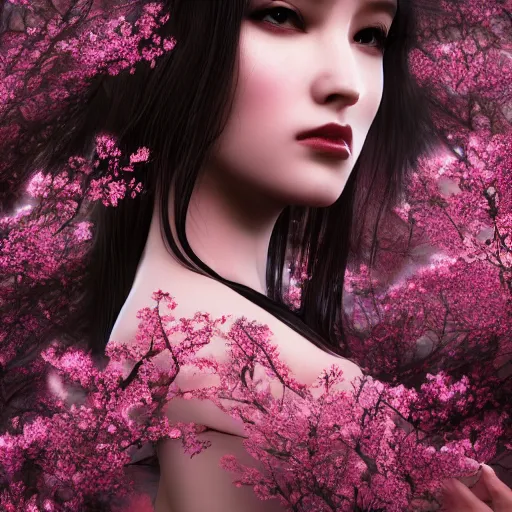 Image similar to beautiful girl in a dress made of black roses and cherry blossoms, beautiful portrait, symmetrical, character concept style trending on artstation concept art detailed octane render cinematic photo - realistic 8 k high detailed