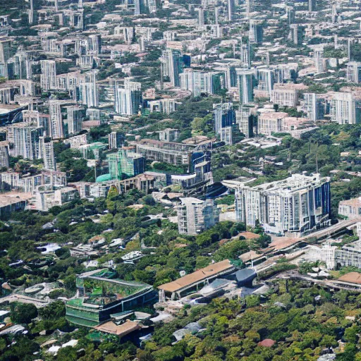 Image similar to helicopter view of nonexistant city with decrepit highrises overgrown with plants