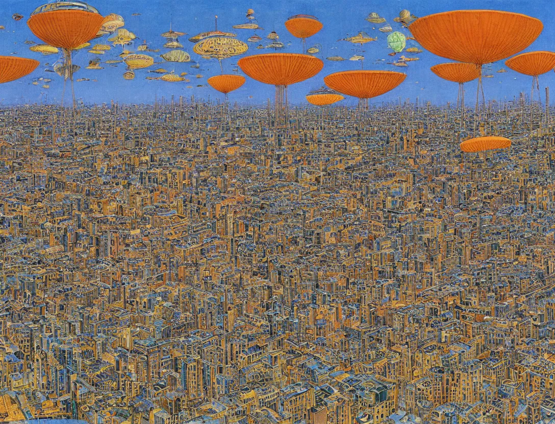 Image similar to ufos flying mysterious banners over the city, brutalist, by mati klarwein and moebius