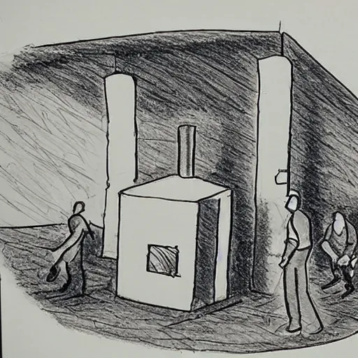 Image similar to sketch of a furnace with people around it, pen on paper simple drawing by a 1 0 year old