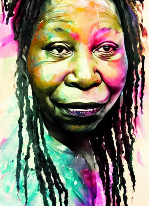 Image similar to whoopi goldberg by agnes cecile, luminous design, pastel colours, ink drips, autumn lights