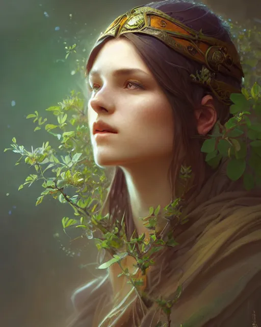 Prompt: beautiful female druid, portrait, fantasy, young, detailed, sketch, intricate, leaves and simple cloth, dynamic lighting, digital art, digital painting, artstation, wlop, sharp focus, illustration, art by artgerm and greg rutkowski and alphonse mucha, 8 k