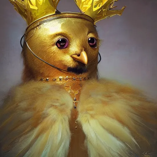 Image similar to a cute furry chick wears a golden metal crown on its head, by esao andrews, by m. w. kaluta, volumetric light, rich colors, very humorous oil painting, realistic reflections, smooth, concept art, depth perception, high depth of field, 4 k, unreal engine 5, ultradetailed, hyperrealistic, artstation