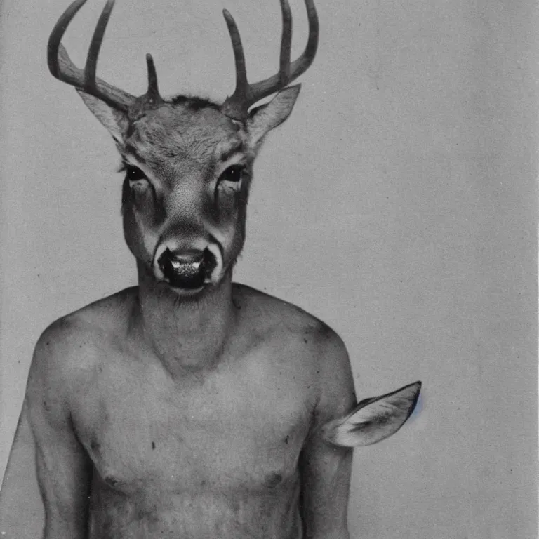 Prompt: deer headed human, old jail mugshot