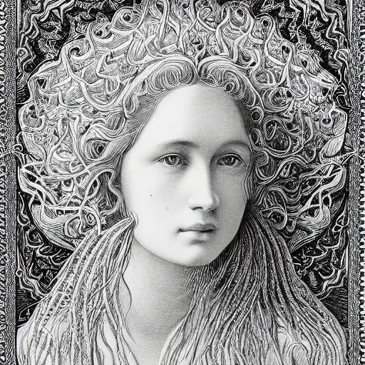 Image similar to bw linear pencil drawing woman portrait by ernst haeckel