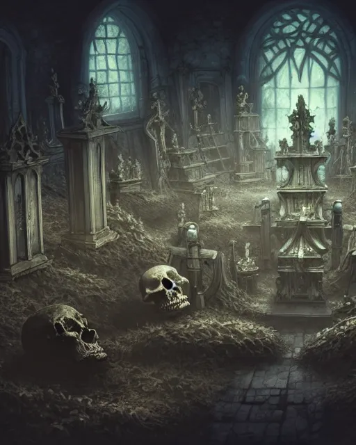 Image similar to full color, low ultrawide interior shot of sedlec ossuary, bones, smooth concept art in anime style mixed with fujifilm, dark, foggy, atmospheric, artstation, cgsociety, rendered, denoise, cinematic masterpiece