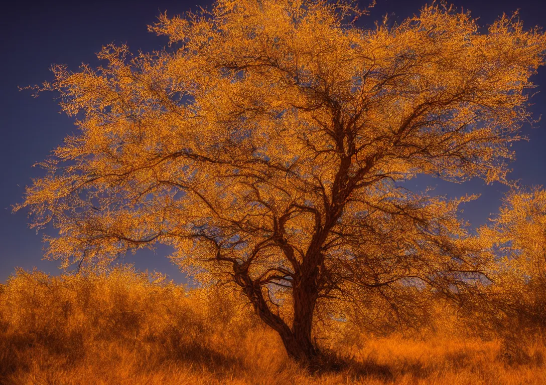 Prompt: a golden tree in a dark desert, detailed photography, dennis velleneuve, vivid colors, ultra realistic, 8 k, photography