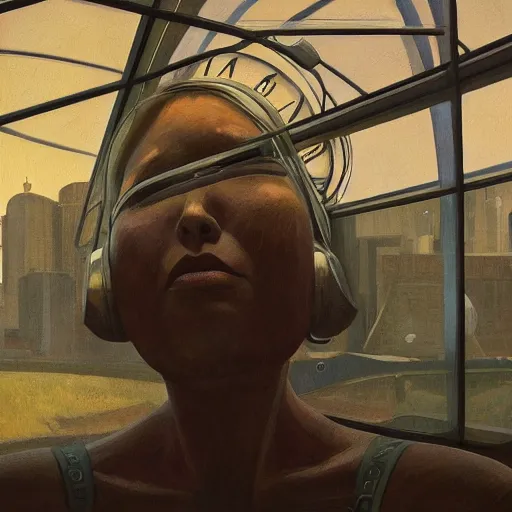 Image similar to detailed face of a woman, clockwork, moment, tectonic sky, skydome, bullet train, turbines, utopian, tech noir, wet reflections, prism, atmospheric, ambient, pj crook, syd mead, emma uber, greg rutkowski, edward hopper