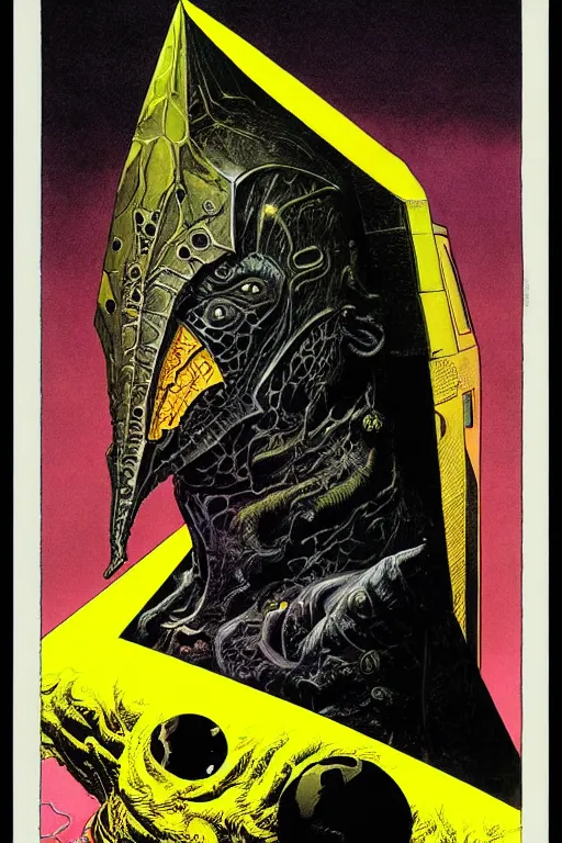 Prompt: portrait of black and yellow technicolor color print, richard corben, wayne barlowe, moebius, heavy metal comic cover art, psychedelic triangular lich in heavy shoulders armor, very intricate, thick outline, full body, symmetrical face, long black crown, in a shapes background, galactic dark colors