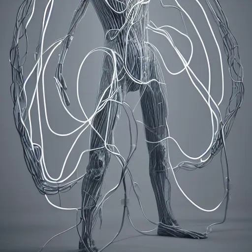Prompt: humanoid being with tendrils and wires connected all over their body, messes of cables and old technology, trending on artstation, Vanessa beecroft, artgerm, deviantart, octane render, cinematic look, 8k, very detailed, photo realistic