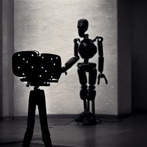 Image similar to movie scene of a man with a robot head, movie still, acting, cinematic composition, cinematic lighting, tungsten lighting, Movie by David Lynch and Andrzej Żuławski