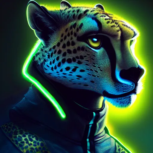 Image similar to a beautiful commission of a male anthropomorphic cheetah wearing a neon jacket,futuristic,detailed face,character design by charles bowater,mohawk,cyberpunk style,deviantart,artstation,art by greg rutkowski,ross tran,professional lighting,neon city,night,raytracing,rtx,highly realistic,4k,dramatic,hyperrealism