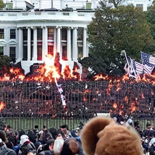 Prompt: a still of thousands of ewoks rioting in front of a the white house in washington.!!!, flaming torches and pitchforks