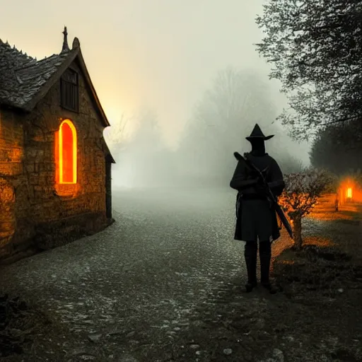 Image similar to a small medieval village at night time, orange glowing light filters out through the windows of the houses and a thin mist has settled around them, a lone guard stands watch armed with a spear and a flaming torch, dramatic, dark moody lighting, high quality