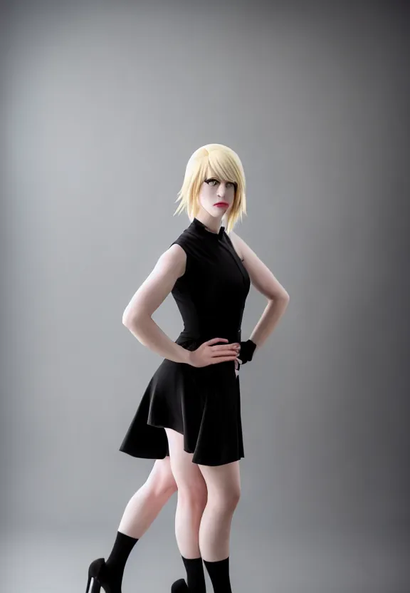 Prompt: detailed studio photo of cute sexy emily skinner cosplaying annie leonhart wearing jet - black dress, wearing open toe heels, pale skin, studio lighting, sharp focus, backlit, smooth, hard focus, full body shot, 4 k hdr, shot on nicon camera, ambient, sony nicon iphone 1 3 pro max