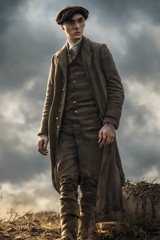 Image similar to a portait photo of Thomas Shelby in a battlefield, epic image, path tracing, complementary colours, high quality, 4k HDR, dramatic lighting, cinematic, highly detailed, high coherence, dedined face, anatomically correct, five fingers, war, cold environment