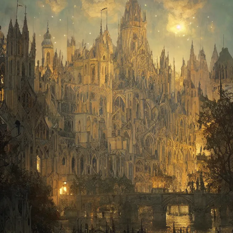 Prompt: a beautiful painting of the view from the river of ancient london cathedrals, at night with a sky full of stars, intricate, elegant, highly detailed, digital painting, artstation, concept art, by krenz cushart and artem demura and alphonse mucha