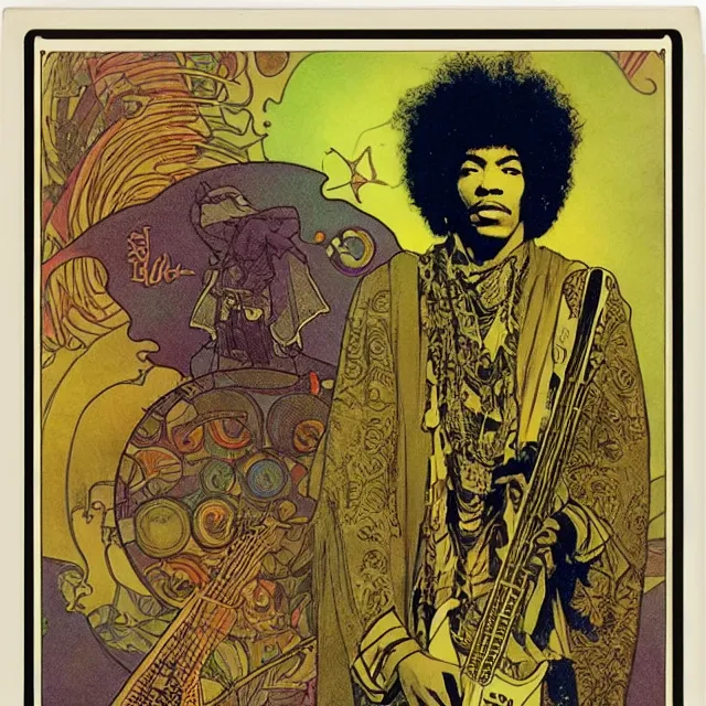 Image similar to polaroid of a vintage record cover by Franklin Booth and Edmund Dulac showing a portrait of Jimi Hendrix as a futuristic space shaman, Alphonse Mucha background, futuristic electric guitar, star map, smoke