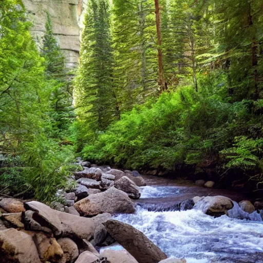 Image similar to sitting by a gently flowing stream in the coolness of a canyon rich in towering evergreens