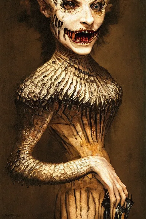 Prompt: a portrait of Hell’s best feminine demon assassin, beautiful and deadly, insane eyes, wicked grin, wearing Christian Lacroix, oil on canvas by Rembrandt and Giger, masterpiece