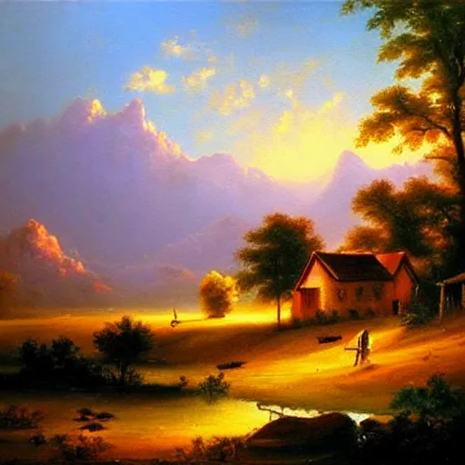 Prompt: an oil painting of the joys of the morning, amazing landscape, warm modern