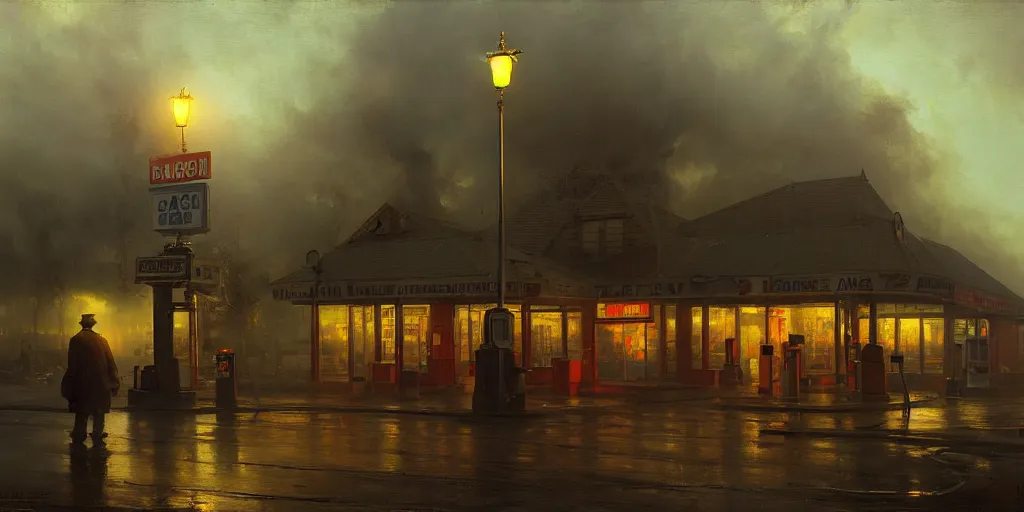 Image similar to a gas station in 1 9 4 0 with yellow and red light in the middle of the night, a men stand up next to the pump, mystical blue fog, oil on canvas, art by andreas achenbach, clemens ascher, tom bagshaw and sabbas apterus,