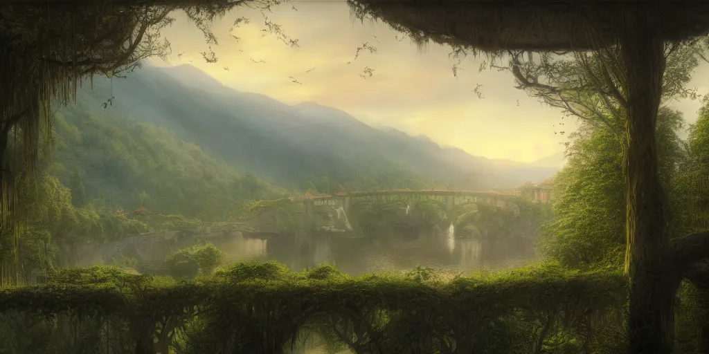 Image similar to Rivendell, looking out from the balcony, evening, detailed matte painting, cinematic, Alan Lee, Artstation