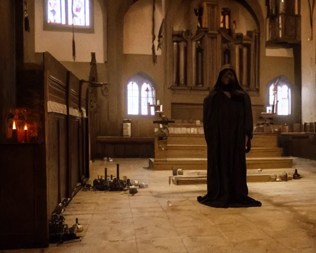 Image similar to a cultist ceremony, cultists with robes and masks, church interior, satanic church interior, the fog. horror lighting, found footage