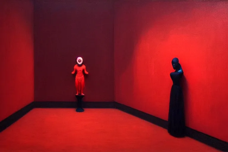 Image similar to only with red, red art thieves with disney masks, in a museum with contemporary art paintings, in the style of beksinski, parts by edward hopper, parts by rodcenko, parts by yue minjun, intricate and epic composition, red by caravaggio, insanely quality, highly detailed, masterpiece, red light, artstation, 4 k