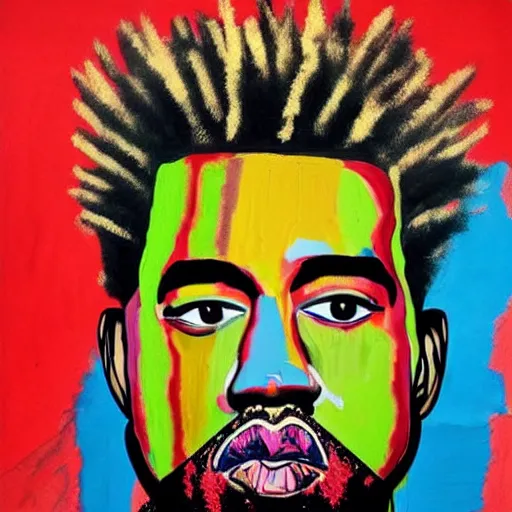 Image similar to kanye west portrait made by Basquiat realistic pigment on canvas