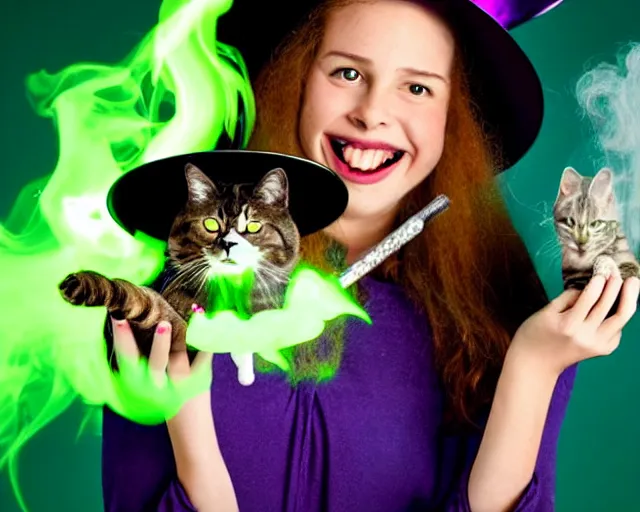 Image similar to close up portrait, happy teen witch and her cat mixing a spell in a cauldron, faint wispy green and purple smoke fills the air, a witch hat, cinematic, green glowing smoke is coming out of the cauldron, ingredients on the table, apothecary shelves in the background, still from nickelodeon show all that