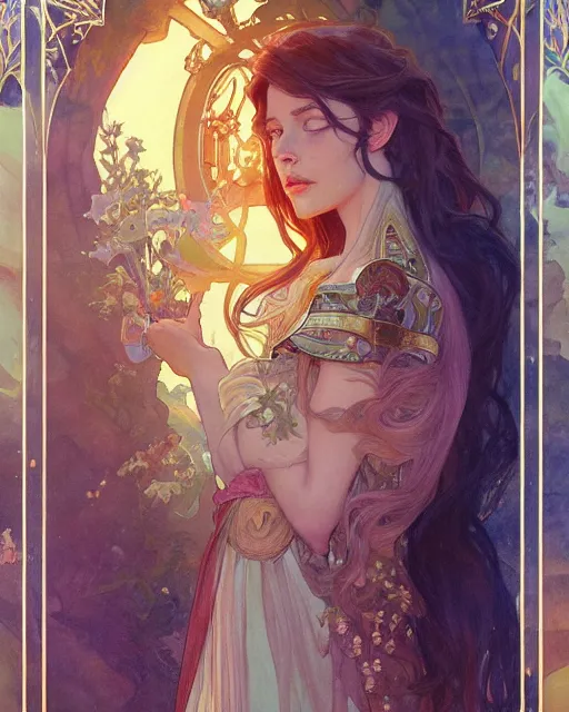 Image similar to death, highly detailed, gold filigree, romantic storybook fantasy, soft cinematic lighting, award, disney concept art watercolor illustration by mandy jurgens and alphonse mucha and alena aenami, pastel color palette, featured on artstation