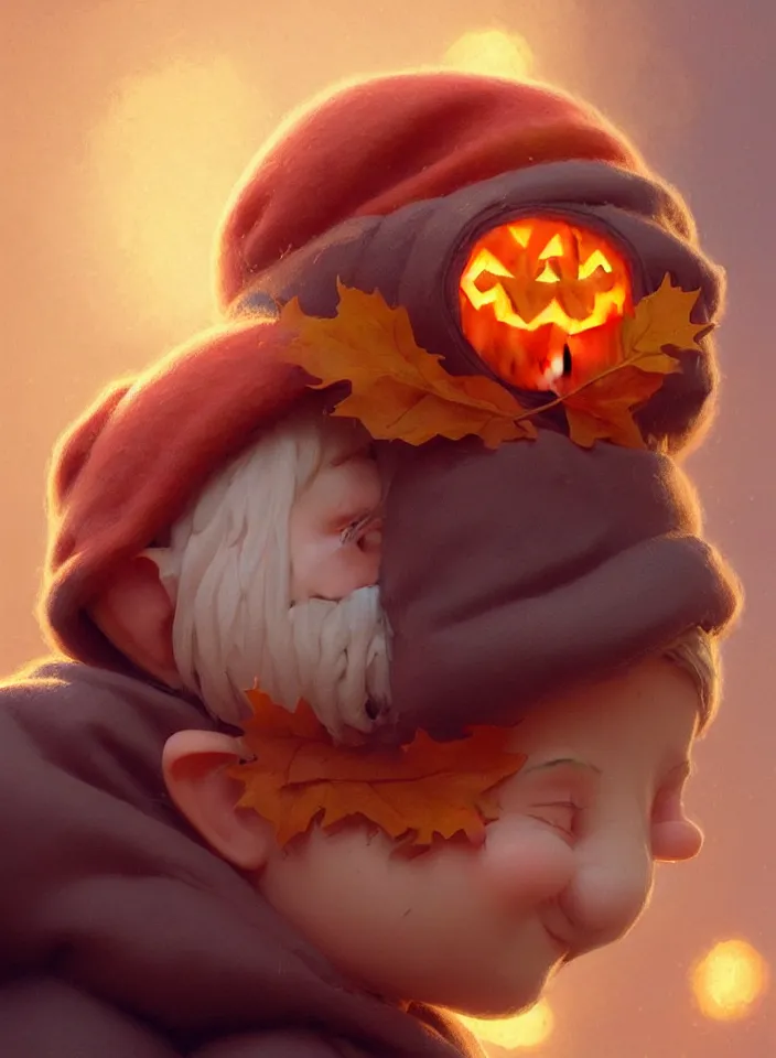 Image similar to hand drawn cute one gnomes face in autumn and pumpkin, detailed closeup face, concept art, low angle, high detail, warm lighting, volumetric, godrays, vivid, beautiful, trending on artstation, art by artgerm and greg rutkowski and alphonse mucha