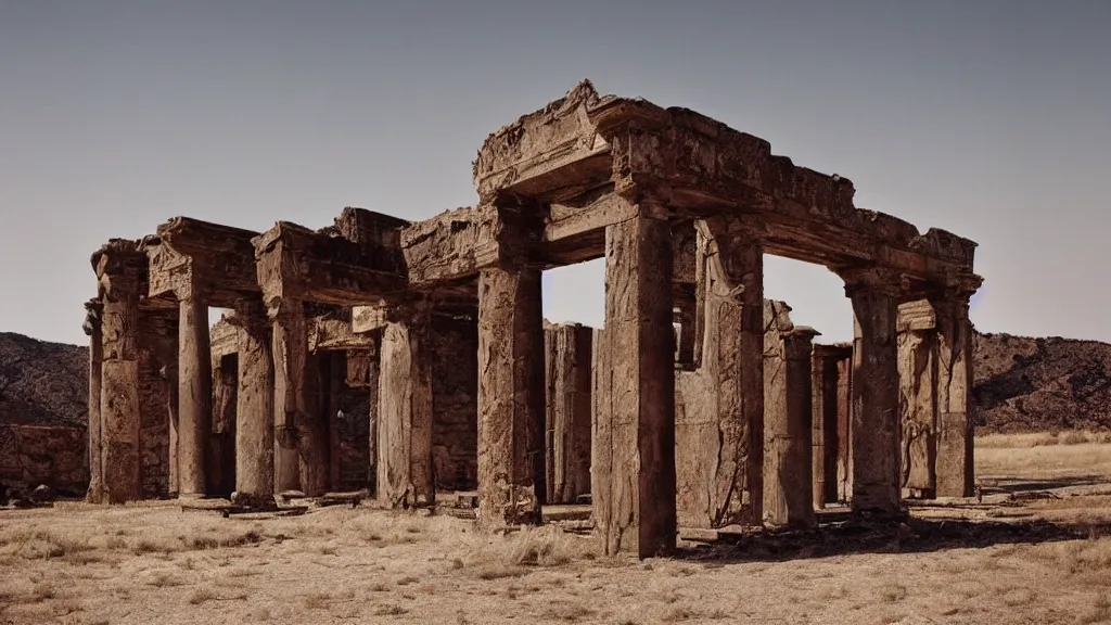 Prompt: surreal ancient ruins in the desert, photography by zhang kechun