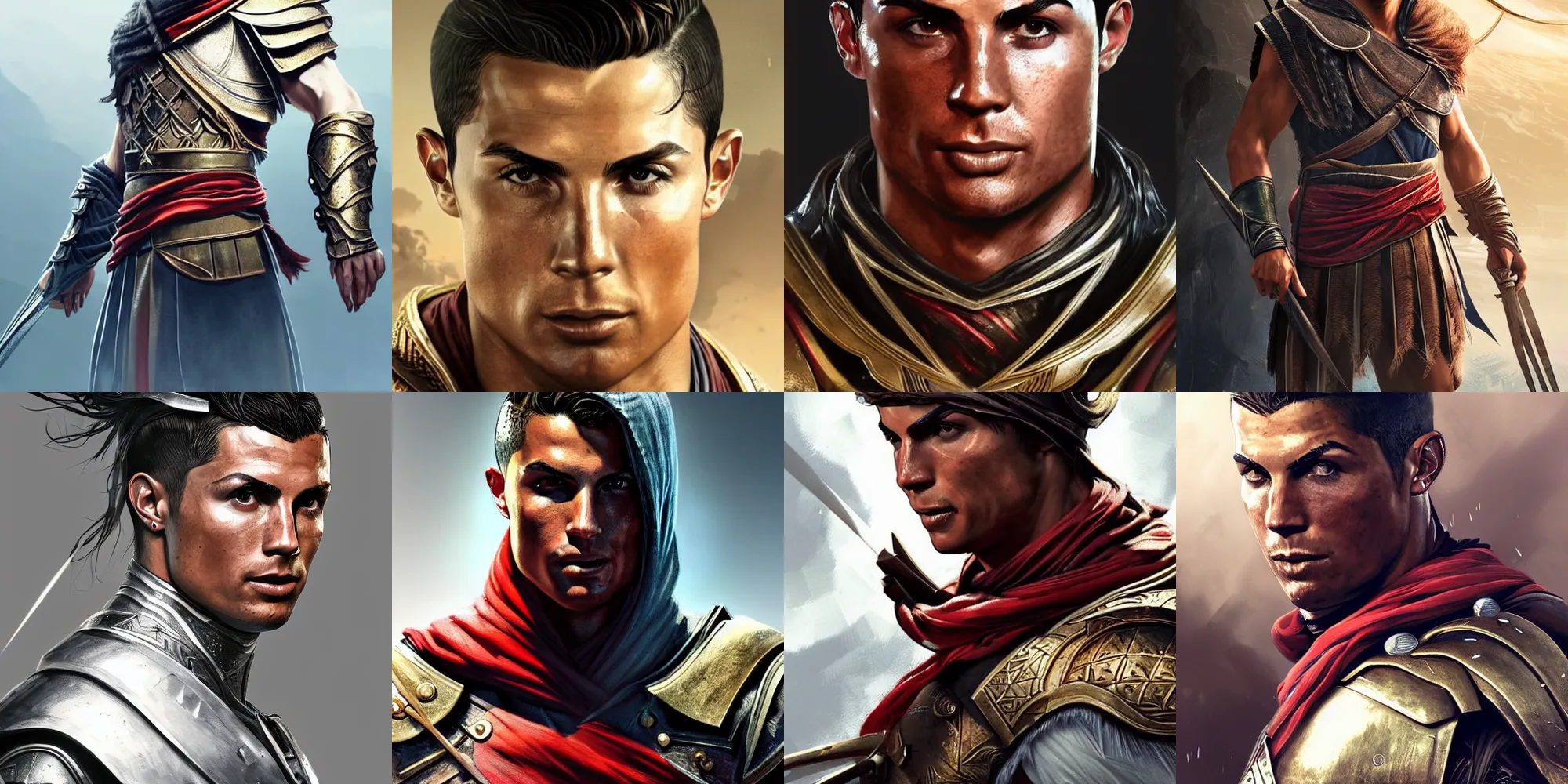 Prompt: Cristiano Ronaldo from assassin's creed odyssey, half body portrait, videogame cover art, highly detailed, digital painting, artstation, concept art, smooth, detailed armor, sharp focus, beautiful face, illustration, art by Artgerm and greg rutkowski and alphonse mucha